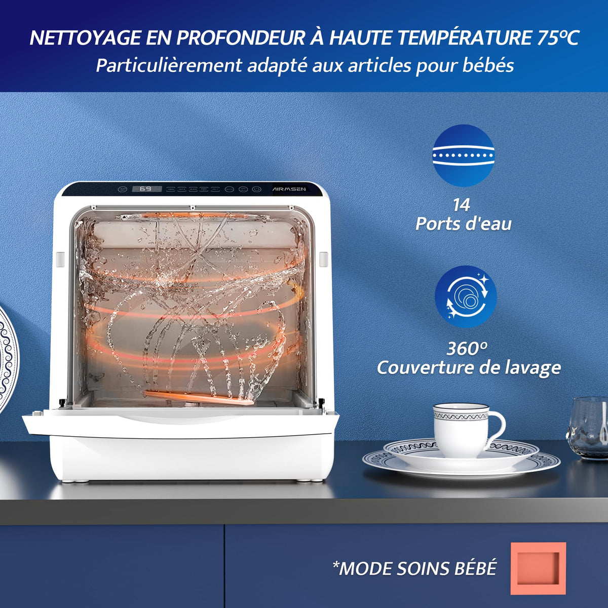 AIRMSEN Mini Lave-Vaisselle de Comptoir, 5+1 Programmes, Réservoir d'Eau de 5L, Contrôle Tactile et Écran LED, Adapté pour les Cuisines Familiales, Appartements et Dortoirs, Blanc et noir
