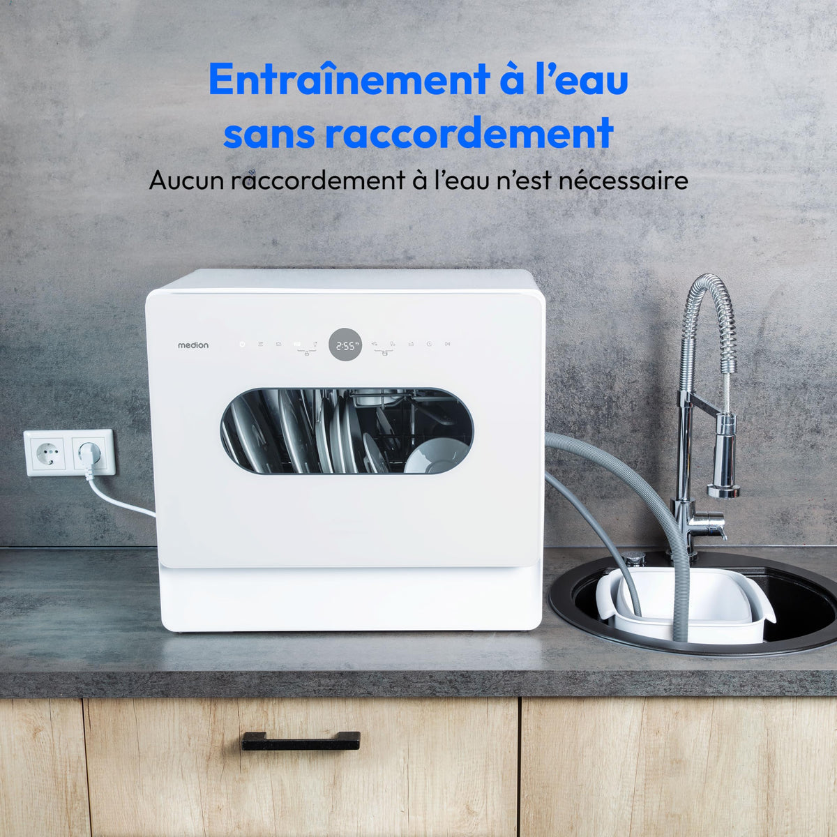 MEDION Mini lave-vaisselle DWT51 (lave-vaisselle de table avec panneau de commande tactile, fonction seau, 5 couverts, fonctionne avec/sans raccordement à l'eau, 7 programmes de nettoyage, départ diff