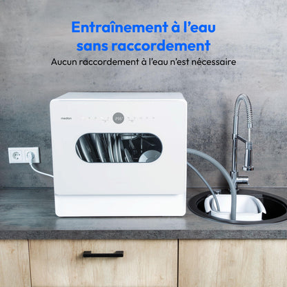 MEDION Mini lave-vaisselle DWT51 (lave-vaisselle de table avec panneau de commande tactile, fonction seau, 5 couverts, fonctionne avec/sans raccordement à l'eau, 7 programmes de nettoyage, départ diff