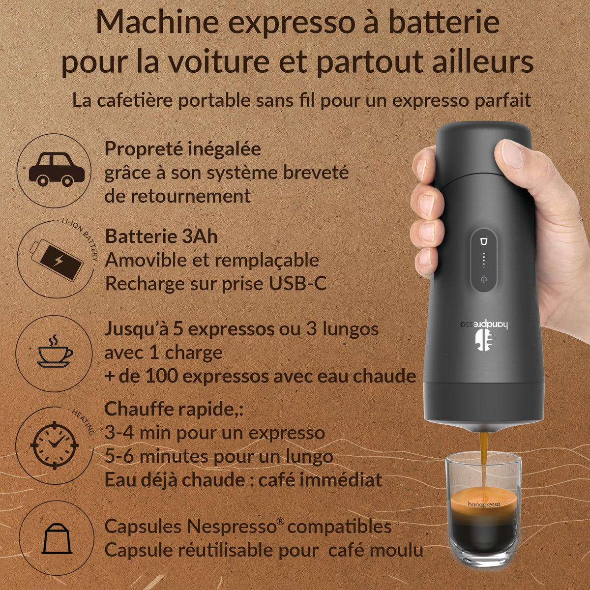 Handpresso Auto | Machine à café expresso portable 19 bars pour voiture et voyage | compatible capsule expresso/capsule réutilisable | Cafetière de voyage compacte, sans fil et rechargeable USB-C