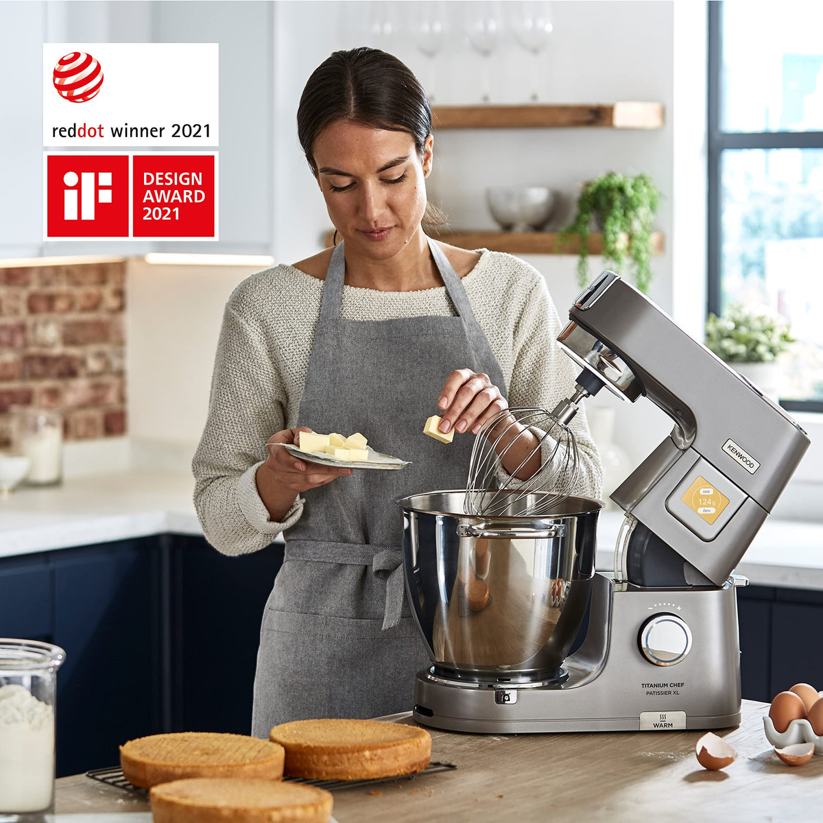 Kenwood Titanium Chef Patissier XL KWL90.034SI, Robot Patissier Balance Intégrée, Batteur K, Pétrin, Fouet, Batteur Souple, Deux Bols, Couvercle Anti-Projections, 1400W, Acier, Argent