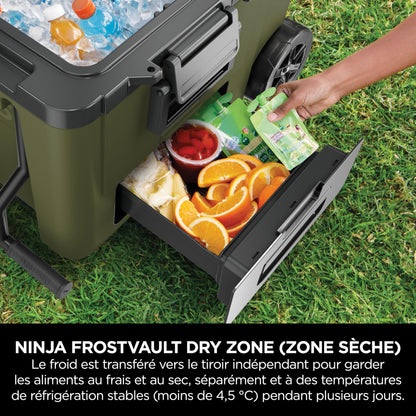 Ninja FrostVault Glacière Robuste et Isotherme, avec Roues et tiroir de Stockage à Sec Dry Zone, Conserve la Glace Plusieurs Jours, Olive